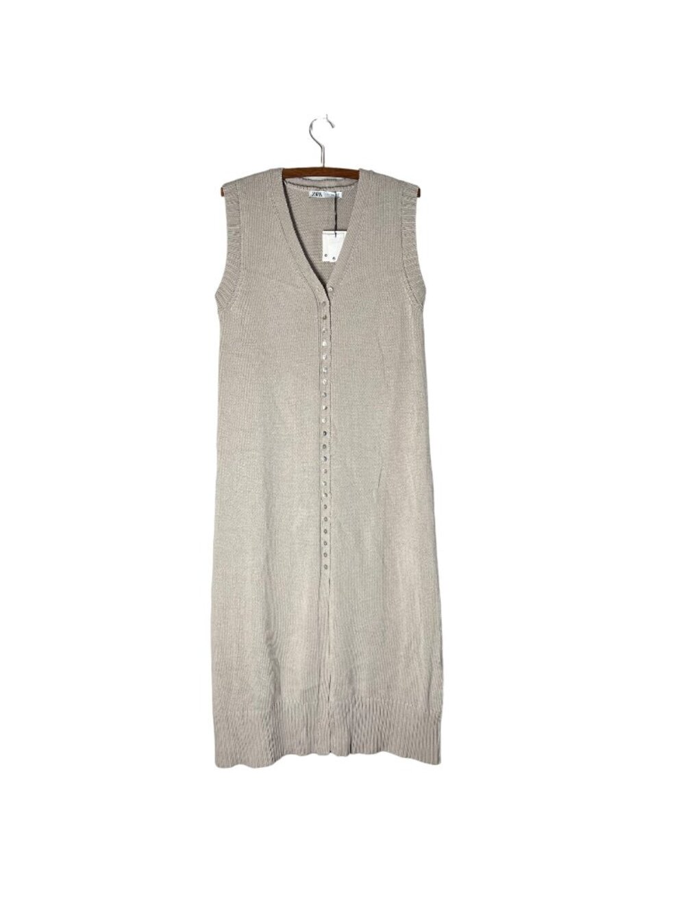 Zara Beige Knit Linen Limited Edition Sleeveless Buttoned Midi Dress Medium NEW